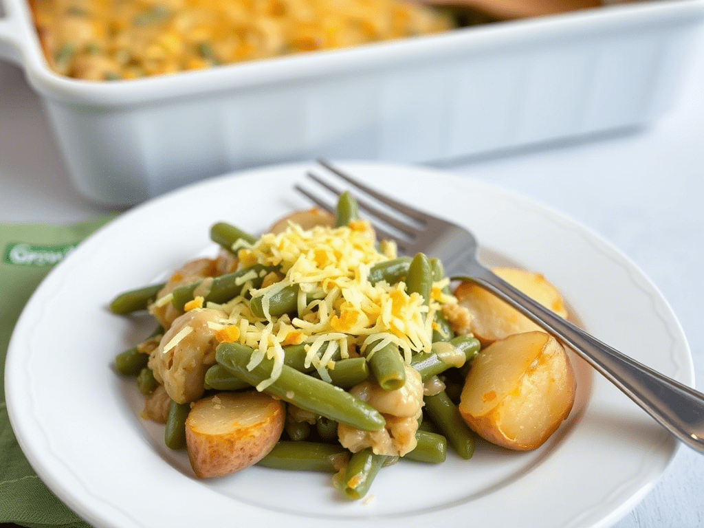“Single serving of creamy mannacote green bean casserole on plate with rustic sides and casserole in background.”