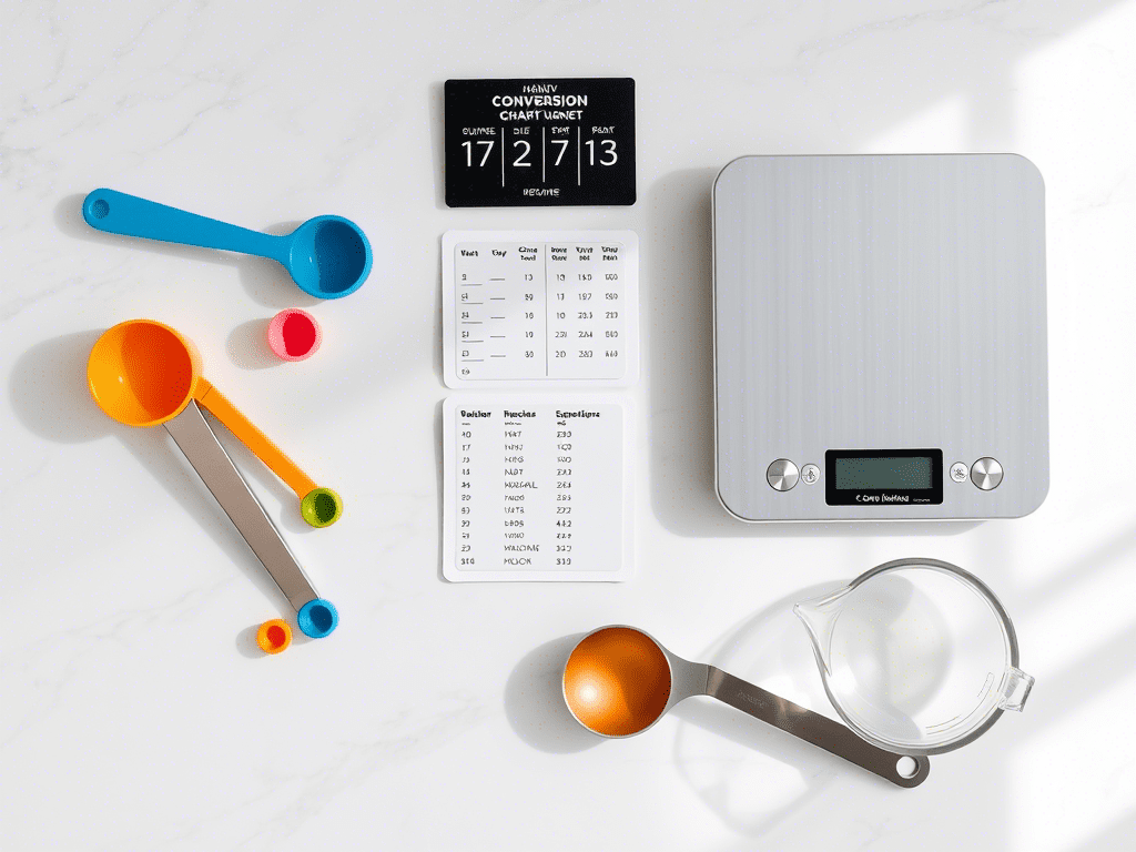 Kitchen tools for measuring and converting how many tablespoons in 1/3 cup including spoons and digital scale