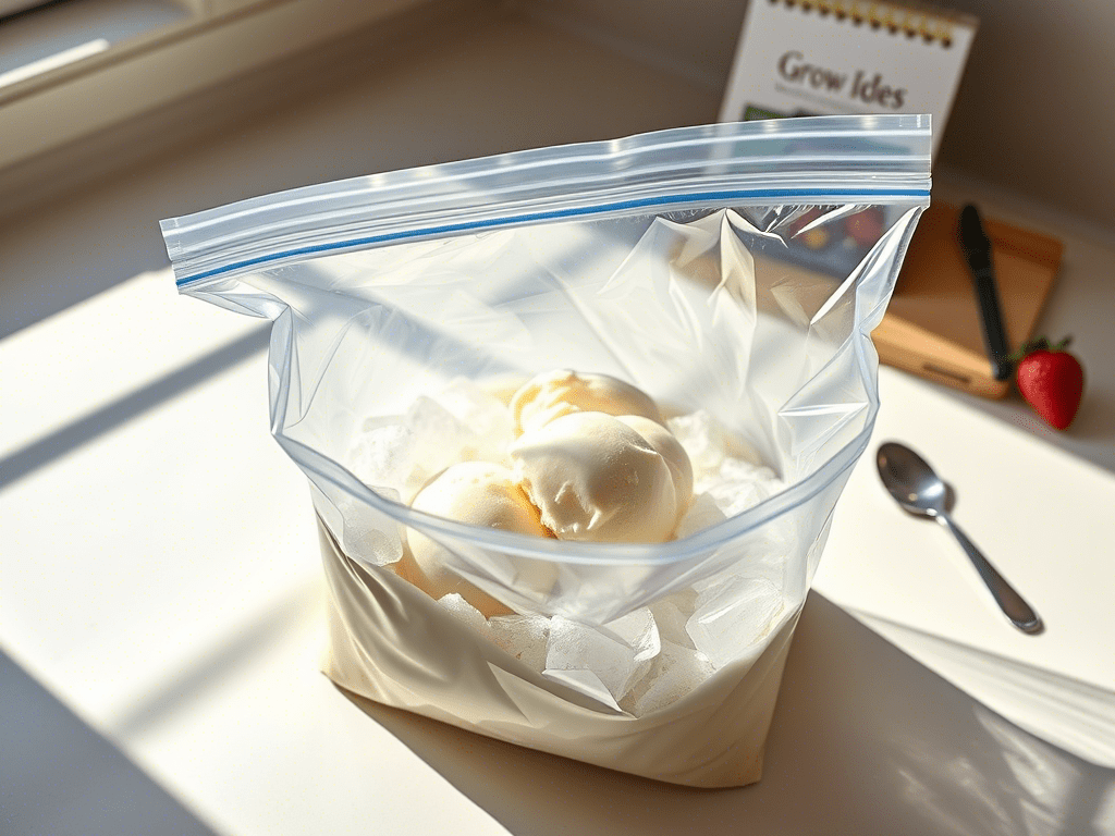 Sealed plastic bag with vanilla ice cream mixture placed inside a larger bag of ice and rock salt for the ice cream in a bag experiment