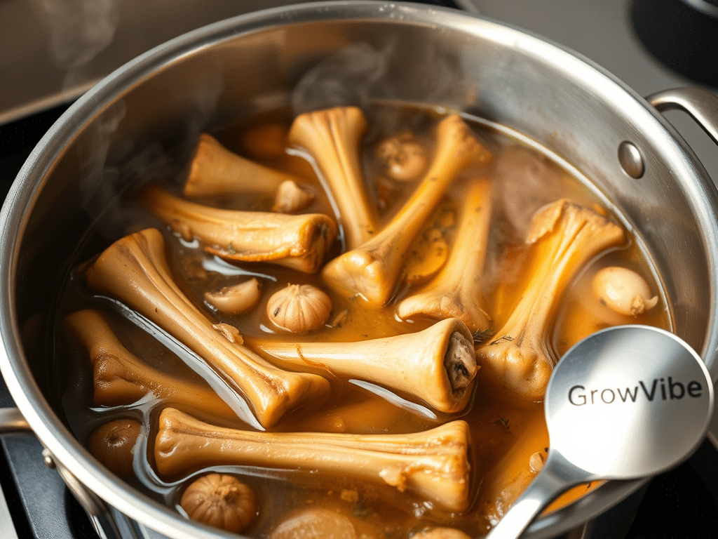 Neck bones simmering in a pot with onion, garlic, and bay leaves