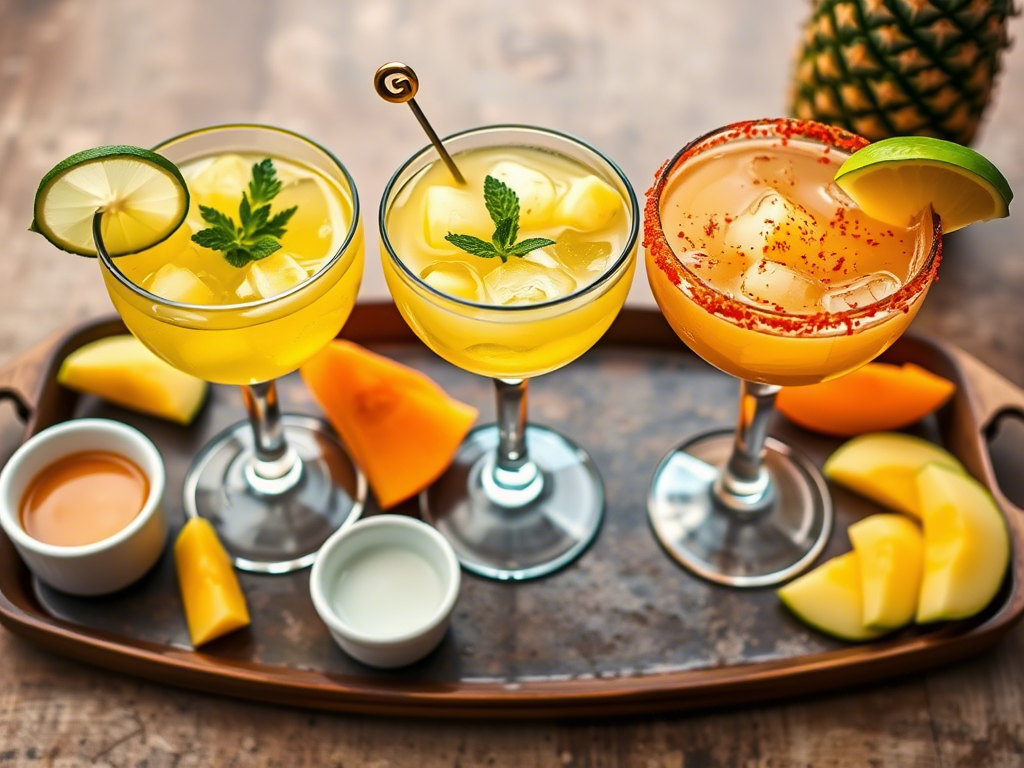 Three variations of the tequila sunset cocktail with different juices and garnishes served on a party platter.