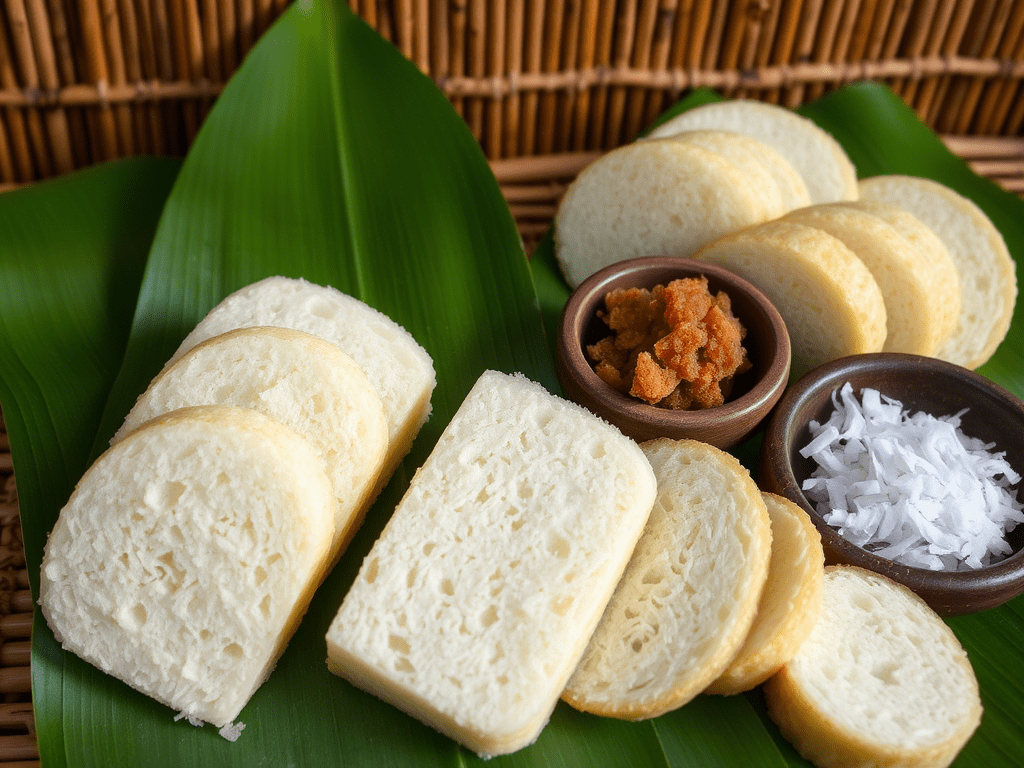 Bibingka and suman rice cakes on banana leaves with coconut and brown sugar – classic Filipino dessert recipes.