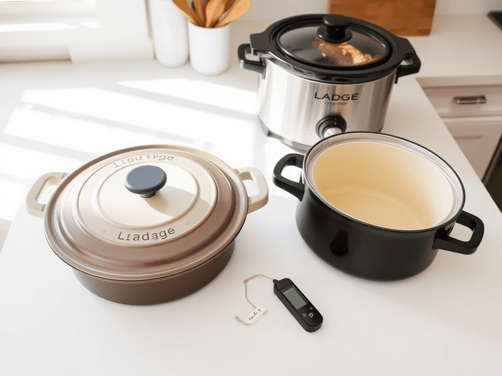 Cooking tools for neck bones including slow cooker, Dutch oven, and thermometer