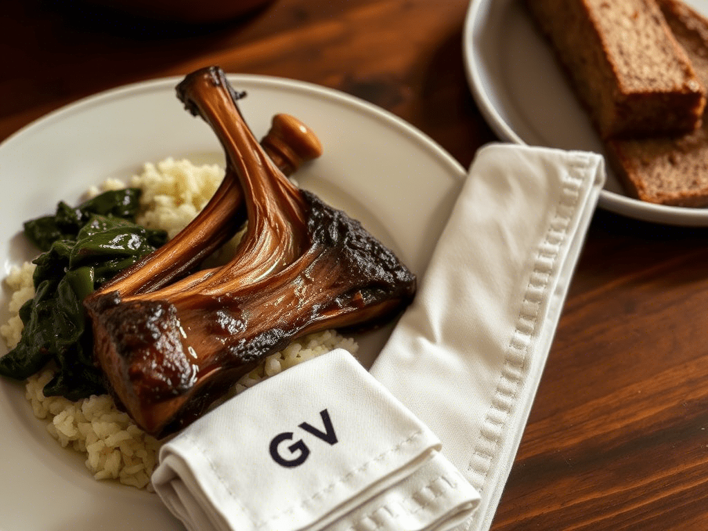 Pork neck bones served with rice and collard greens on rustic dinner plate