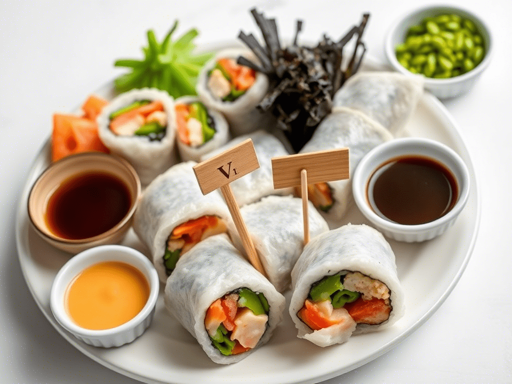 Boston roll sushi party platter with dipping sauces, edamame, and seaweed salad on a wooden tray.