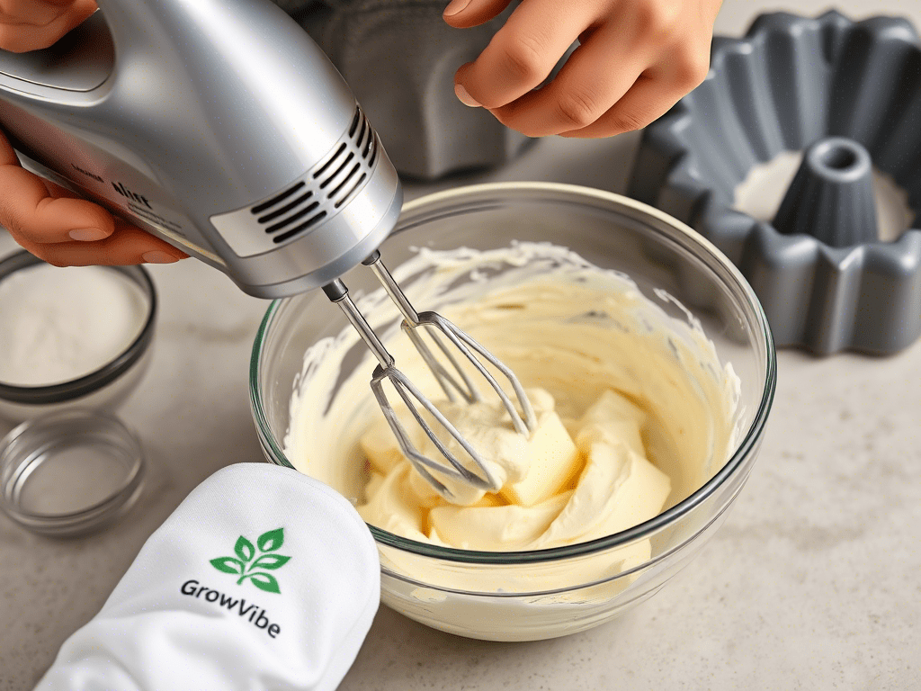 Creaming butter and cream cheese with hand mixer for moist pound cake batter