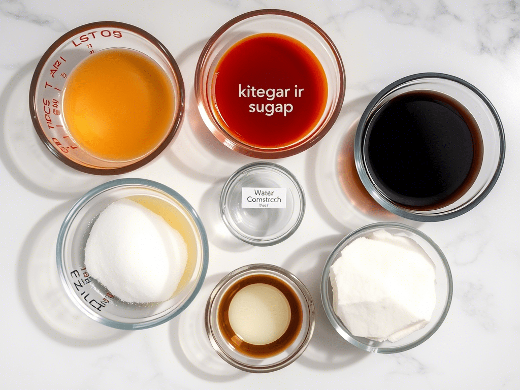 Sweet and sour sauce ingredients prepped in bowls on a marble countertop – easy sweet and sour sauce recipe.