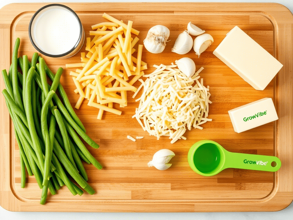 “Flat lay of ingredients for mannacote green bean casserole including fresh beans, cheese, butter, and garlic.”
