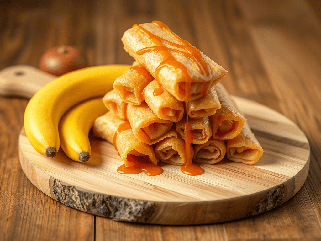 Turon banana rolls drizzled with caramel, a sweet and easy Filipino dessert favorite.