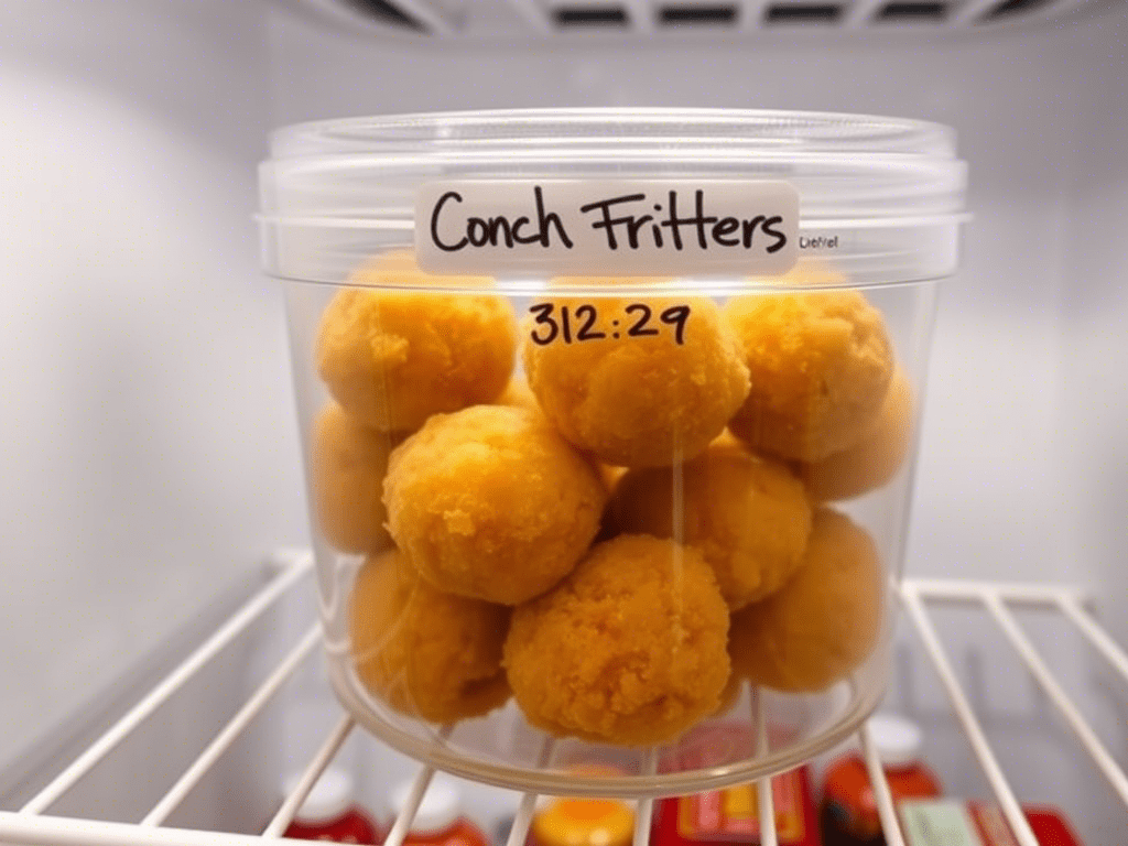 Stored conch fritters in airtight glass container for later use