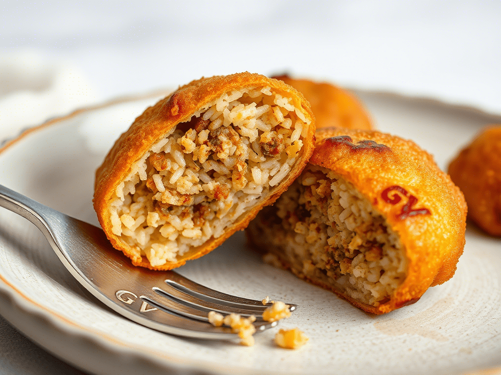Close-up of boudin balls cut in half showing seasoned rice and pork filling to explain what is in boudin balls