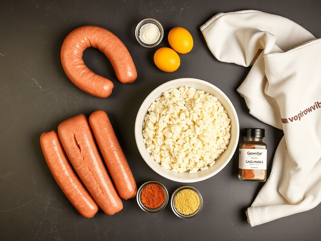 Ingredients for boudin balls recipe including sausage, rice, breadcrumbs, eggs, and Cajun seasonin