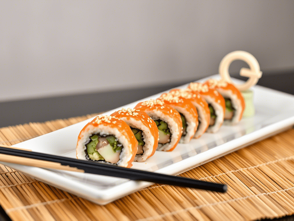 Sliced Boston roll sushi arranged on a serving plate with sesame seeds and chopsticks beside it.