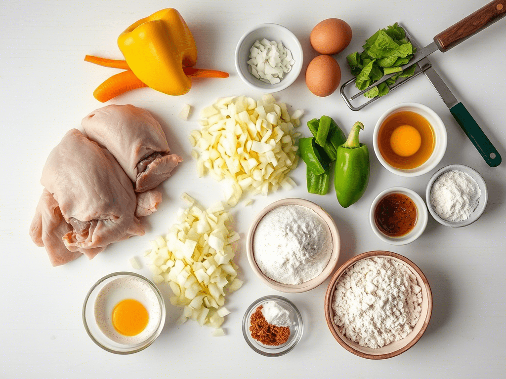 Ingredients needed to make conch fritters recipe including fresh conch meat and vegetables