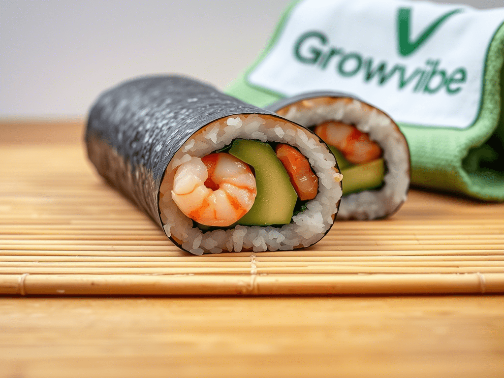 Boston roll sushi being rolled with a bamboo mat, showing shrimp, avocado, and cucumber fillings.