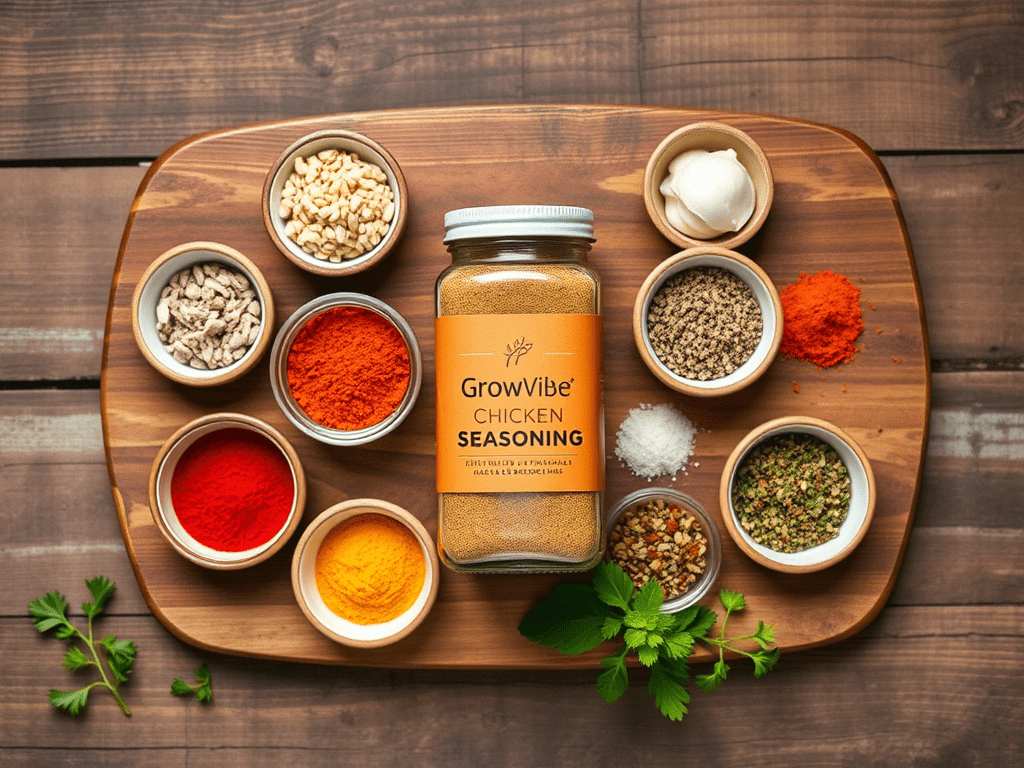 Overhead shot of colorful spices and a jar labeled chicken seasoning on a rustic board
