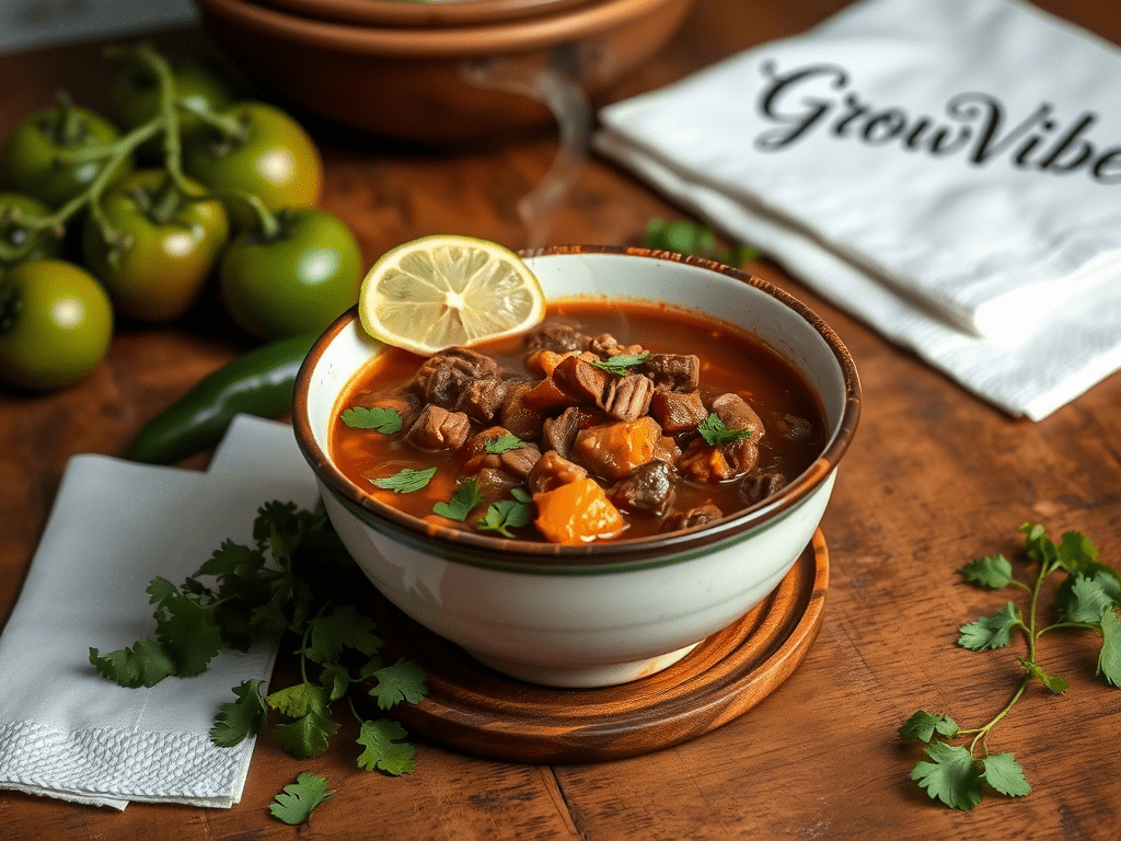 Authentic carne en su jugo served in a traditional bowl with tomatillos, cilantro, and lime – a comforting dish from Guadalajara.