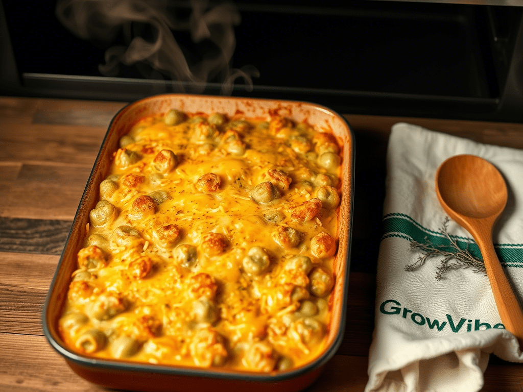 “Mannacote green bean casserole fresh from oven in rustic dish – creamy, golden top with steam and fresh thyme.”