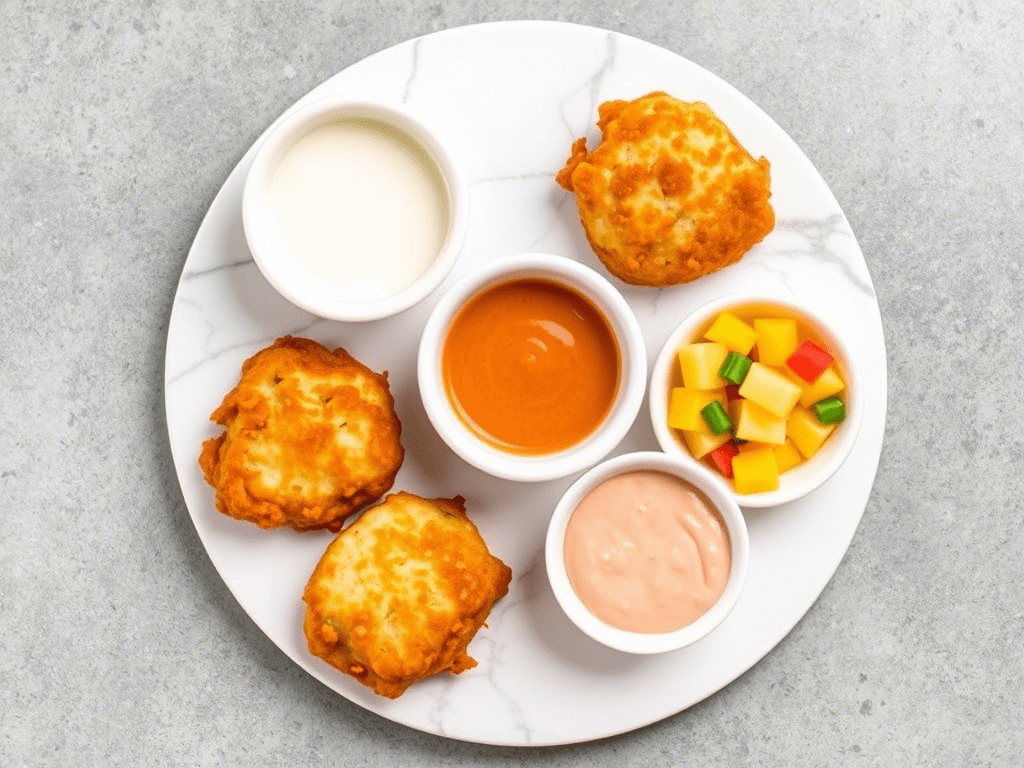 Dipping sauces for conch fritters including spicy mayo and tropical fruit dip