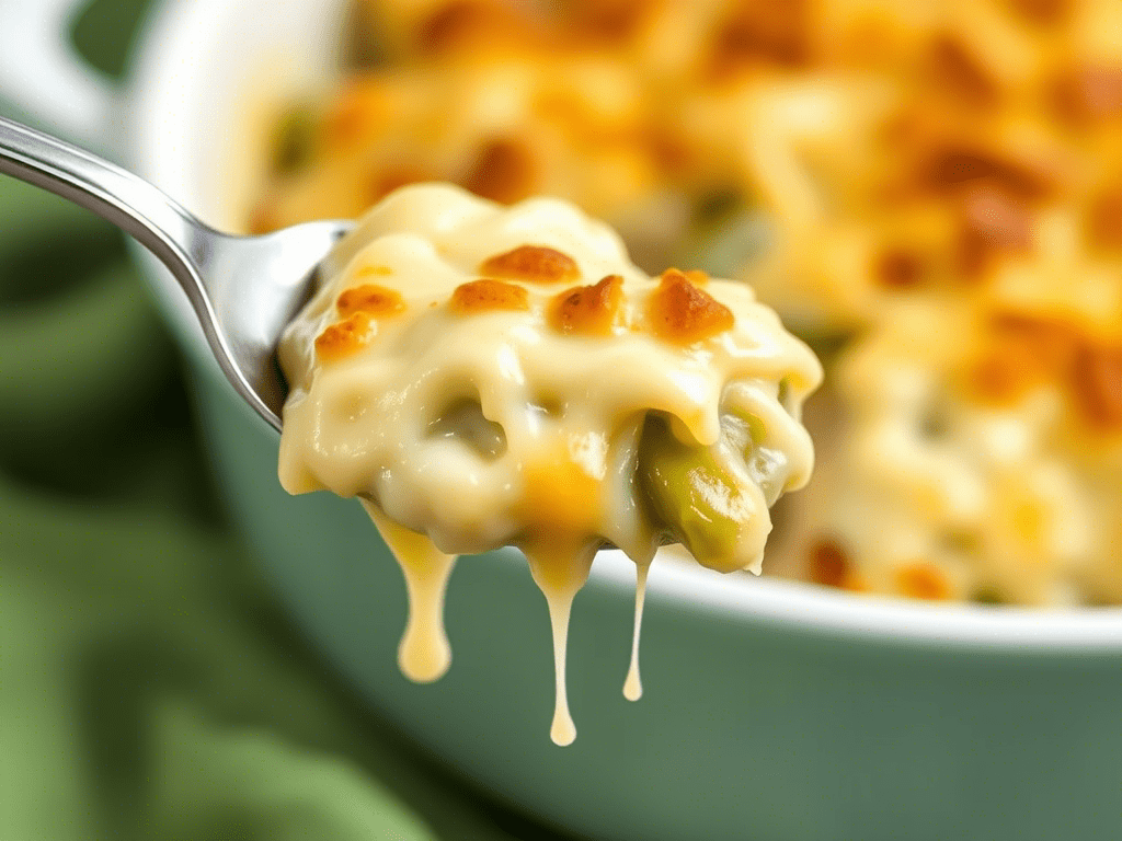“Close-up of cheesy mannacote green bean casserole being lifted by spoon showing creamy texture.”