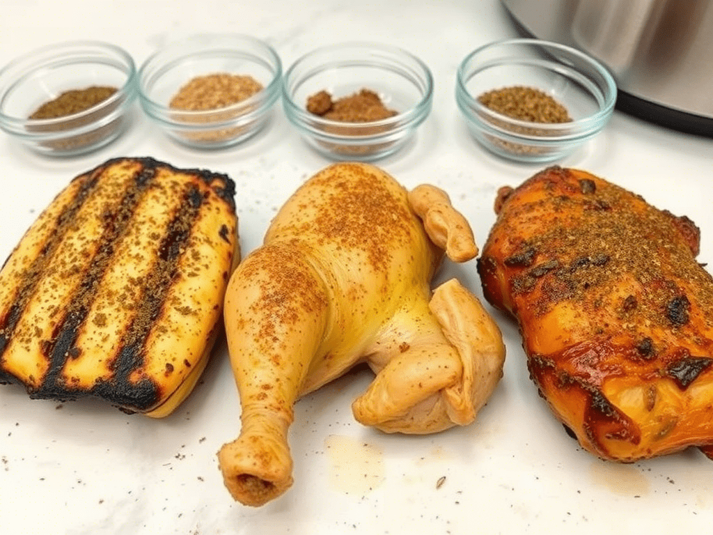 Three seasoned chicken pieces showing air fryer, grilled, and roasted styles