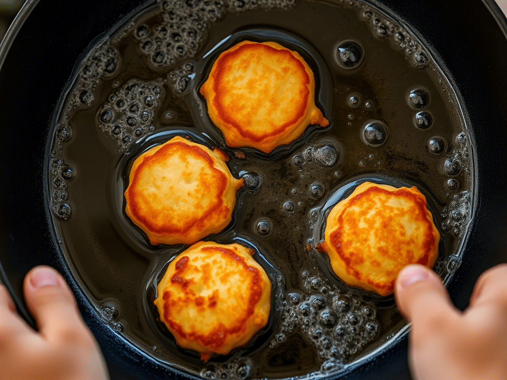 Conch fritter cooking in oil showing the golden crust forming in the pan