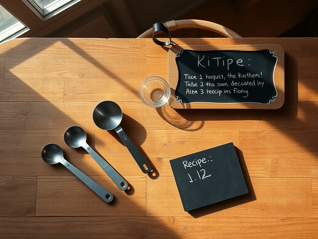 Rustic kitchen scene showing measuring spoons and a 1/3 measuring cup to illustrate how many tablespoons in 1/3 cup