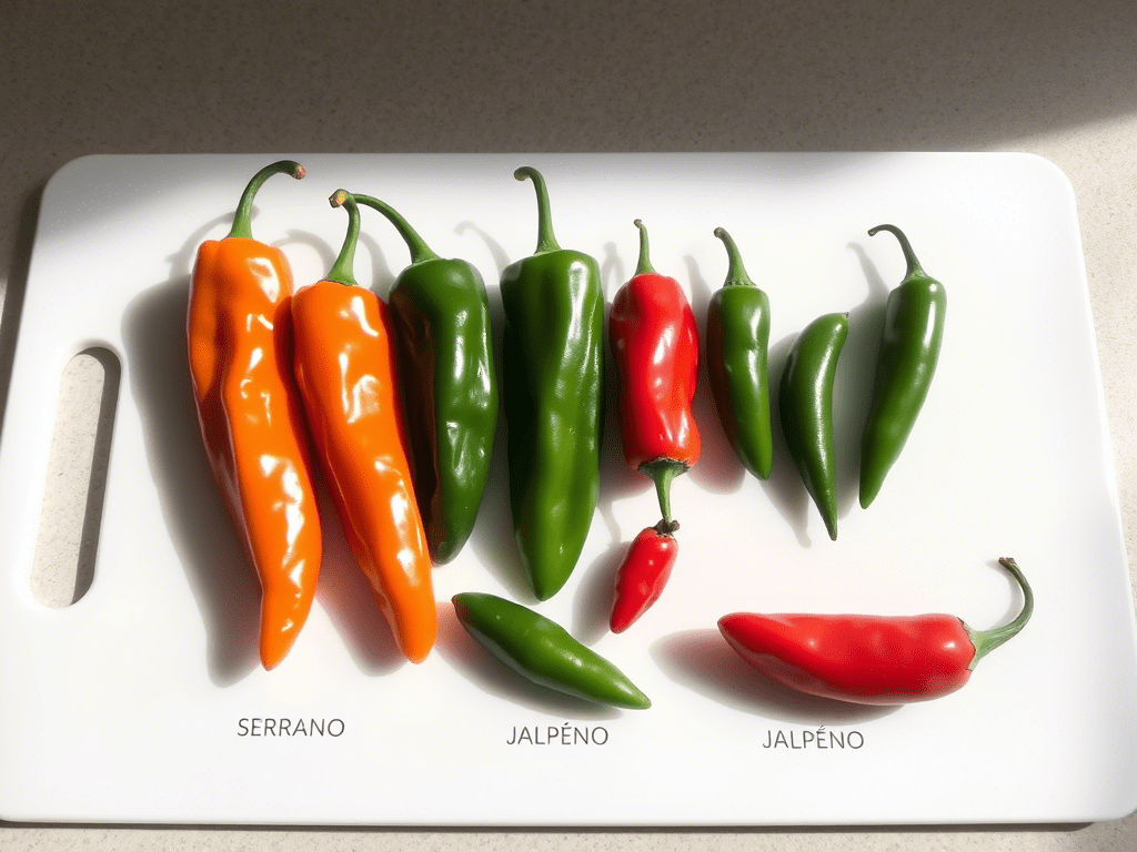 Serrano vs jalapeno peppers side-by-side on a cutting board