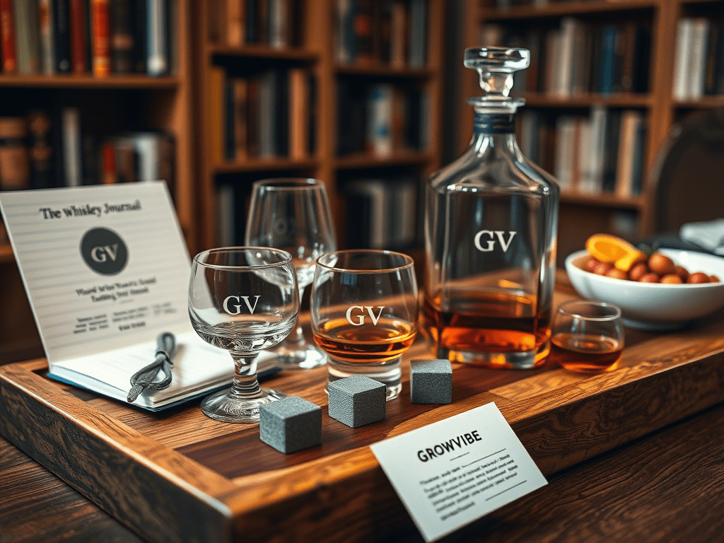 A whiskey tasting setup with accessories including glasses, stones, and a journal