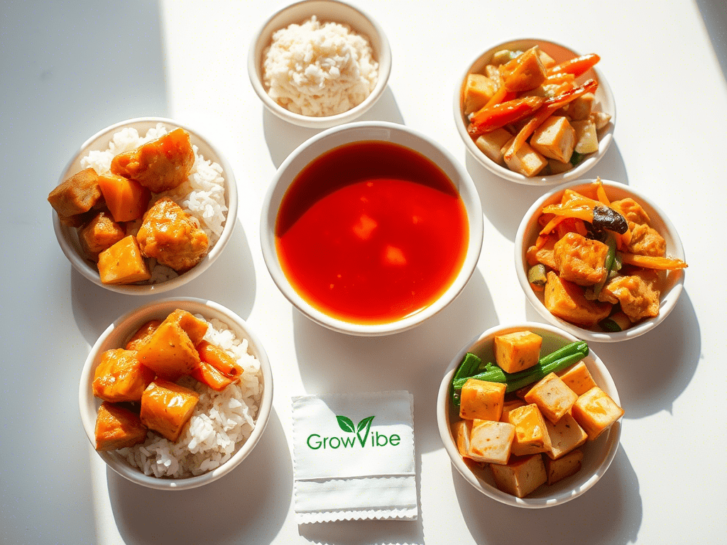 Sweet and sour sauce served with chicken, tofu, and rice – best uses for sweet and sour sauce.