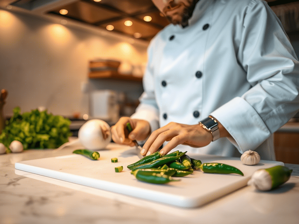 Chef chopping serrano peppers for a spicy recipe