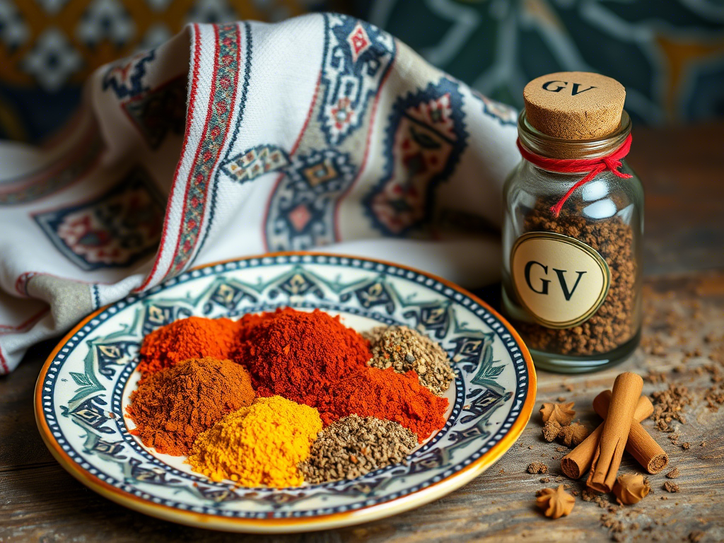 Moroccan spice blend ingredients on a ceramic plate with patterned background
