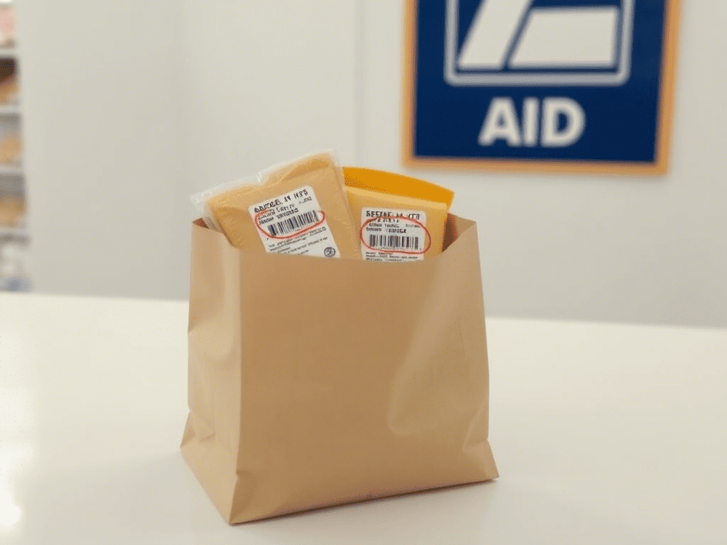 “Cheese products prepared for return due to Aldi recalls placed near a store counter”