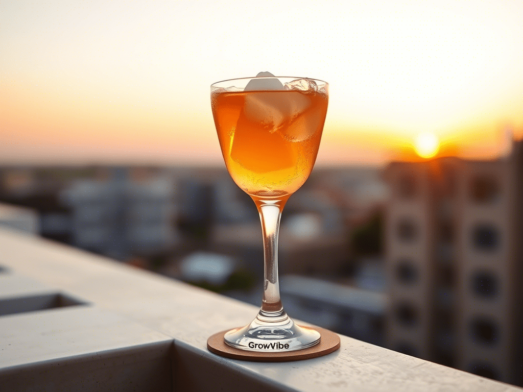 Tequila sunset cocktail served on a balcony during golden hour with layered colors and lime garnish.