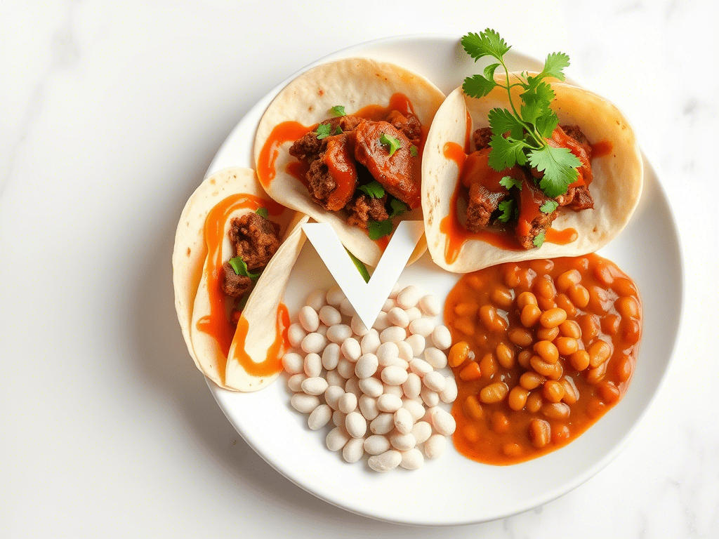 Modern take on carne en su jugo with deconstructed tacos and bright green salsa drizzle.