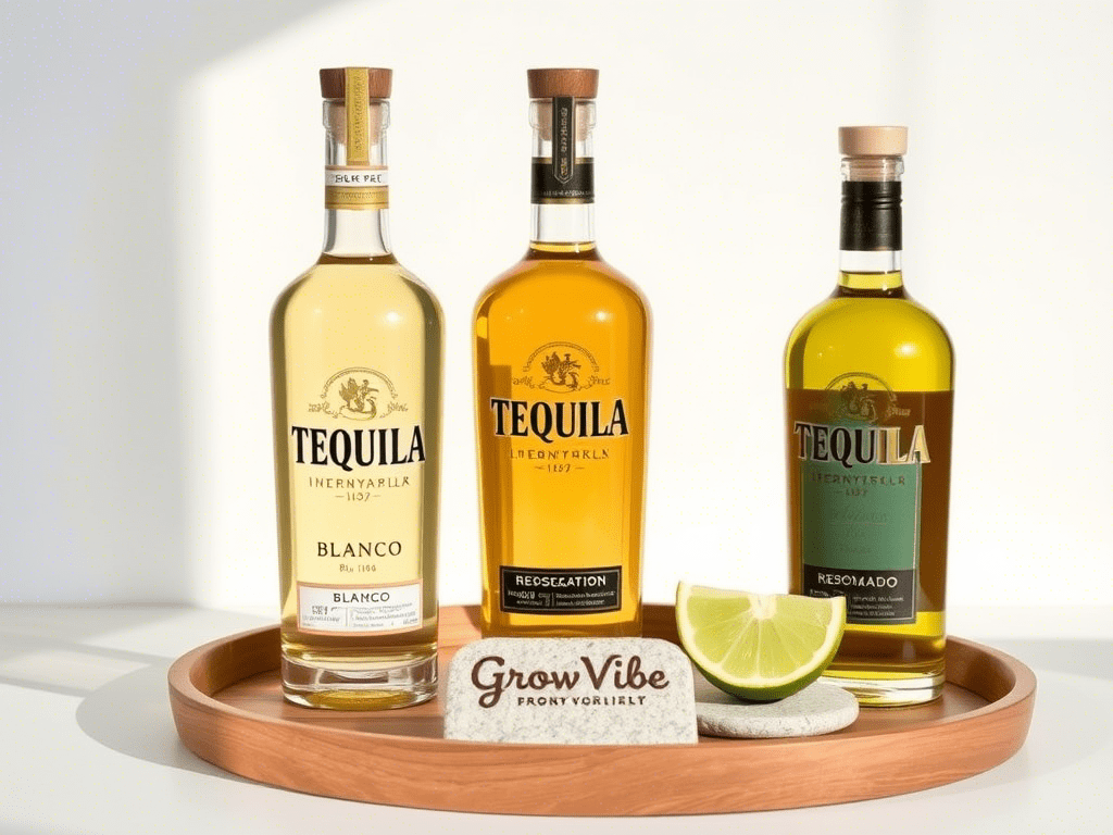 Blanco, reposado, and gold tequila bottles displayed on a wooden tray with lime wedges.