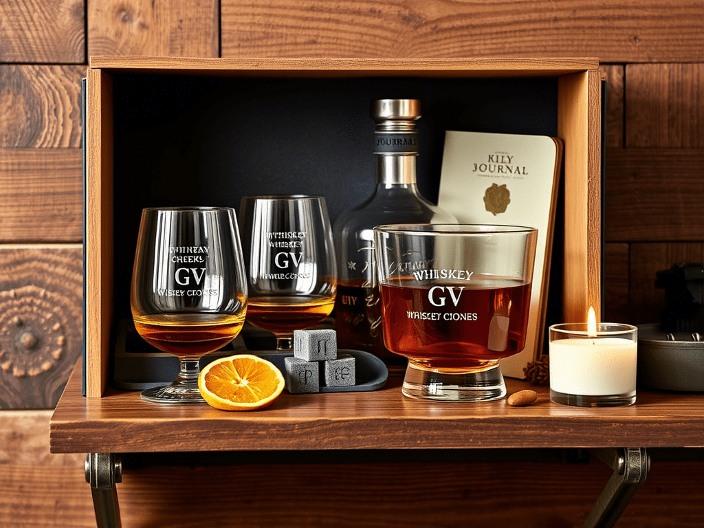A stylish whiskey gift set with glasses, stones, and a decanter