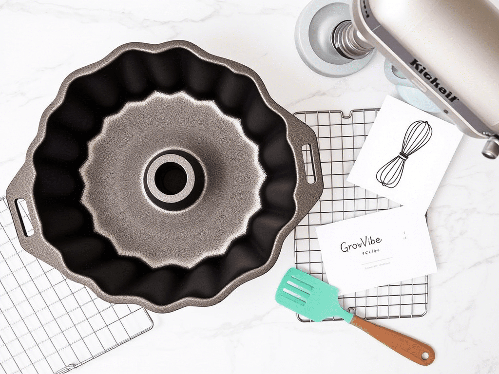 Essential tools for baking cream cheese pound cake including bundt pan and mixer