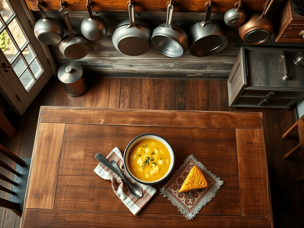 Rustic table with grandma-style cheap comfort food including soup and cornbread
