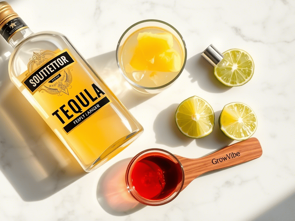 Flat lay of tequila sunset ingredients including tequila, pineapple juice, grenadine, lime wedges, and a jigger on a light surface.