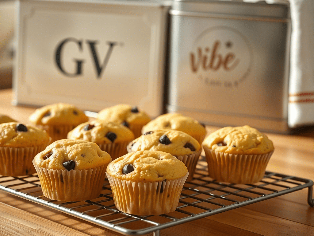 Tray of golden mini muffins on a rustic table with GrowVibe-branded kitchen towel.