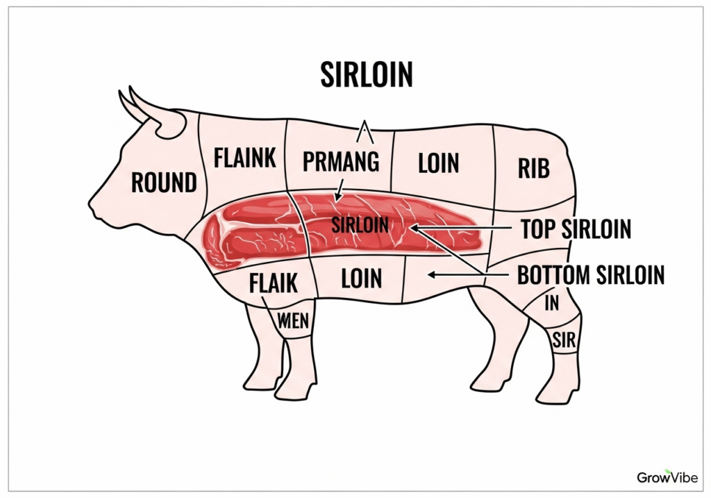 Beef chart highlighting sirloin steak cuts, including top sirloin and bottom sirloin, with GrowVibe visual signature.