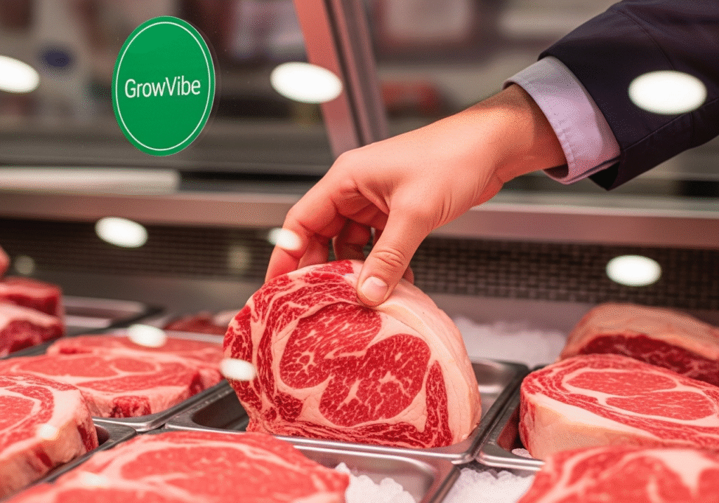 Choosing the best sirloin steak at the butcher shop, showing quality marbling and GrowVibe-branded butcher paper.