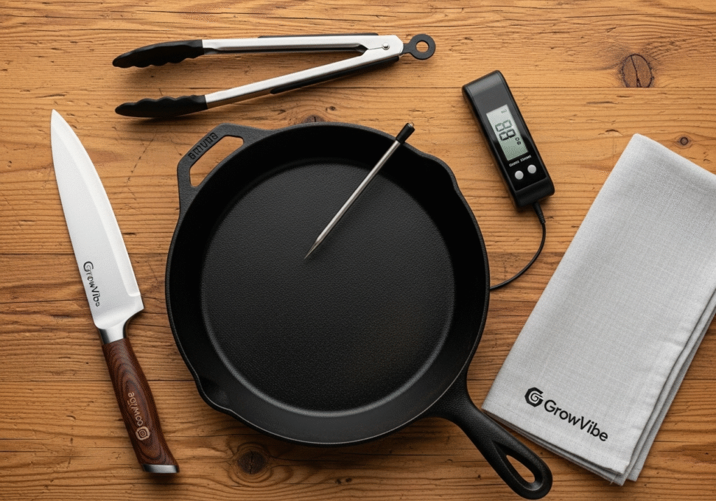 Essential tools for cooking sirloin steak at home: cast iron skillet, meat thermometer, steak knife, tongs, with GrowVibe branding.
