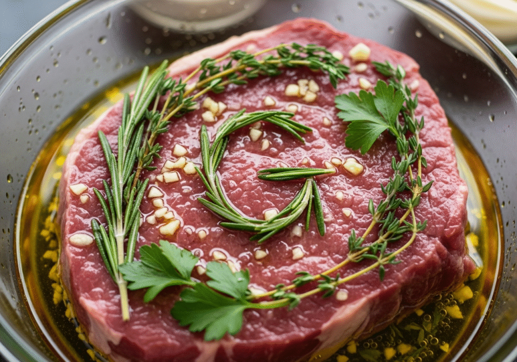 Sirloin steak marinating in herbs and oil, highlighting seasoning techniques and GrowVibe signature herbs.