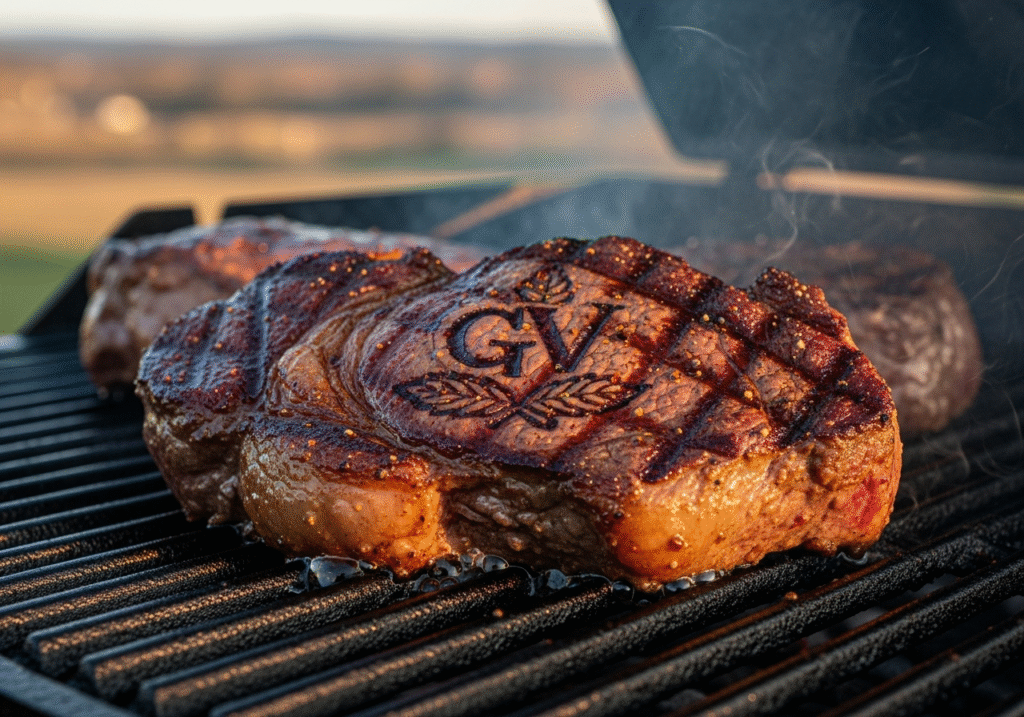 Grilling sirloin steak with expert sear marks and GrowVibe signature grill branding.