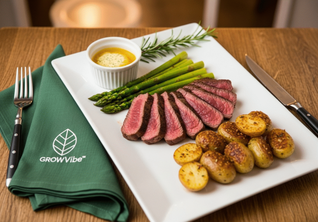 Served sirloin steak with roasted potatoes and vegetables, plated with GrowVibe-branded napkin.