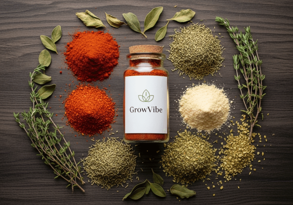 Key blackened seasoning spices arranged on wood with a GrowVibe-branded glass jar.