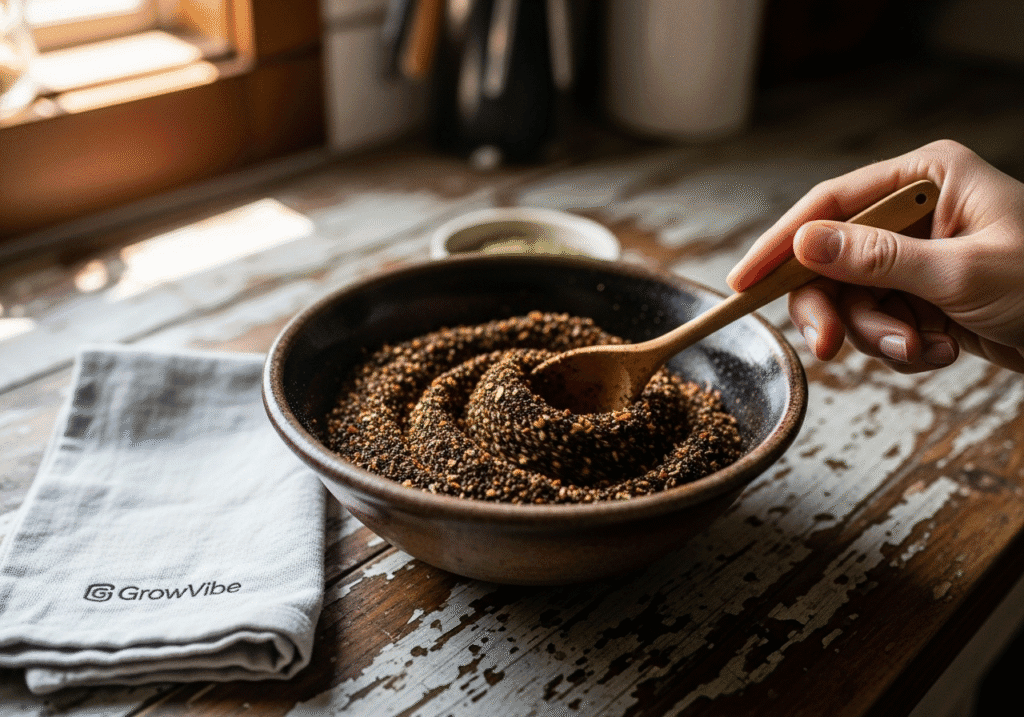 Hand mixing homemade blackened seasoning in a ceramic bowl with GrowVibe logo cloth.