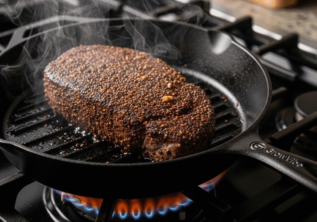 Sizzling blackened steak cooking in a cast iron skillet with GrowVibe branding.